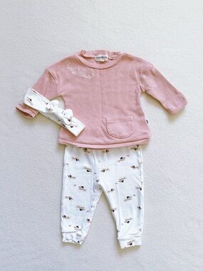 Rabbit + Bear Organic 3-Piece Outfit Set Pink Waffle Top Leggings Headband 12M